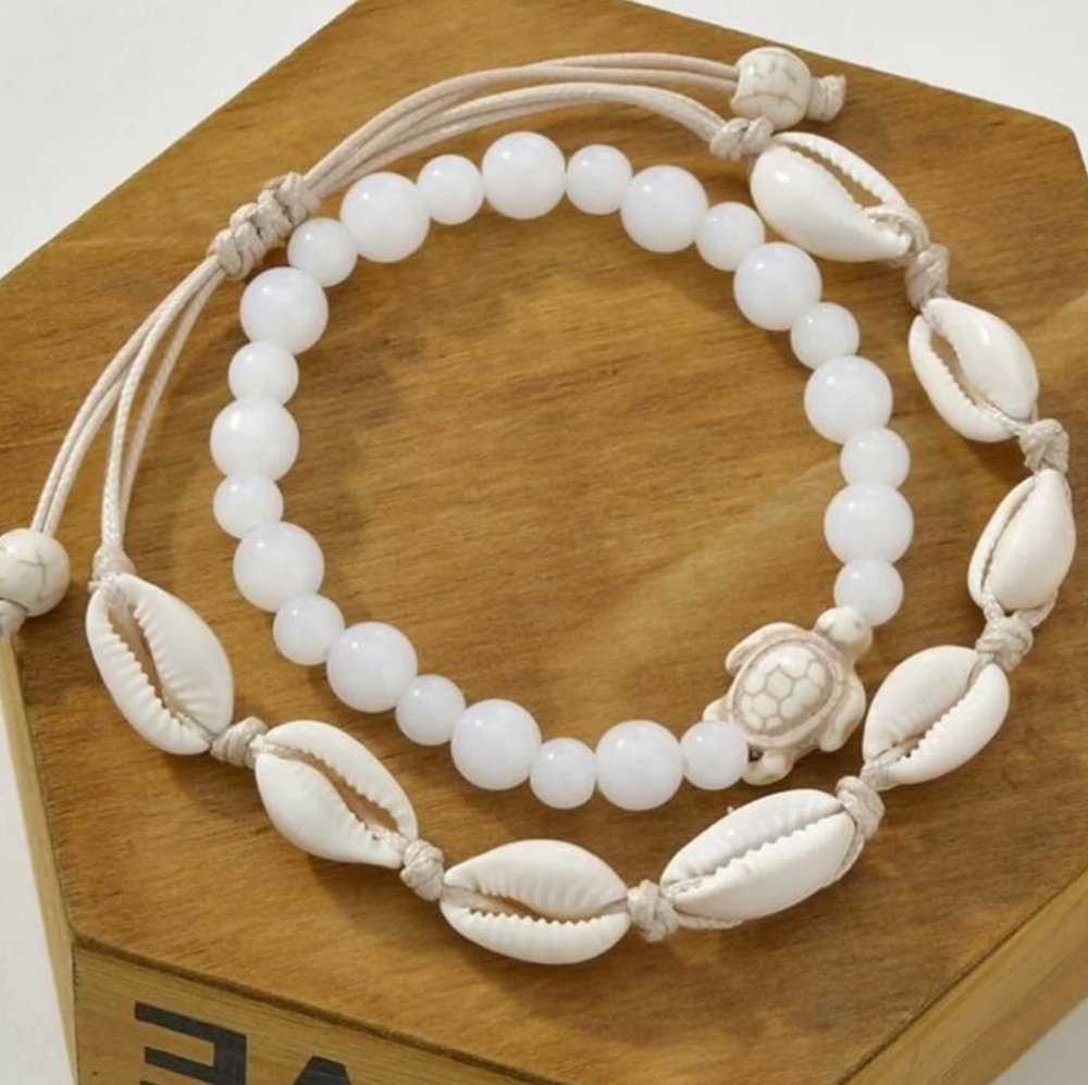 Puka Shell Turtle Charm Anklet Set - 2pcs - Picture 2 of 4